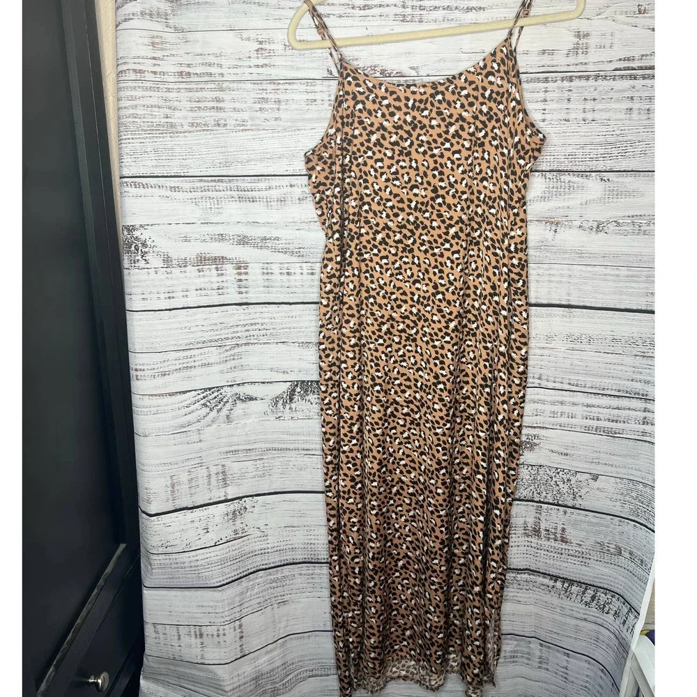 Aerie Leopard Satin Midi Slip Dress Brown Black Lg - Picture 4 of 5
